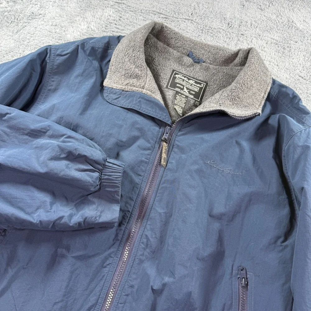 Eddie Bauer Mens Navy Blue Fleece Lined Nylon Jacket Large Full Zip Windbreaker